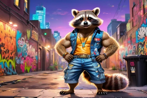 rocket raccoon,raccoon,north american raccoon,raccoons,stylish boy,badger,anthropomorphized animals,rocket,dusk background,vest,furta,creative background,city ​​portrait,background images,digital compositing,art background,cute cartoon character,children's background,3d background,cute cartoon image,Illustration,Japanese style,Japanese Style 02