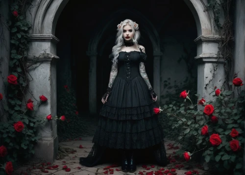 gothic dress,gothic fashion,gothic portrait,gothic woman,gothic style,black rose,dark gothic mood,gothic,way of the roses,rosebushes,goth woman,with roses,seerose,scent of roses,dark art,porcelain rose,jessamine,witch house,vampire lady,black rose hip,Photography,Documentary Photography,Documentary Photography 08