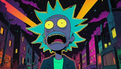 bart,sakana,exploding head,2d,vector art,vector illustration,neon ghosts,black city,would a background,one eye monster,three eyed monster,zombie,homer,angry man,fry,wiz,animated,television character,screen background,art background,Art,Artistic Painting,Artistic Painting 51