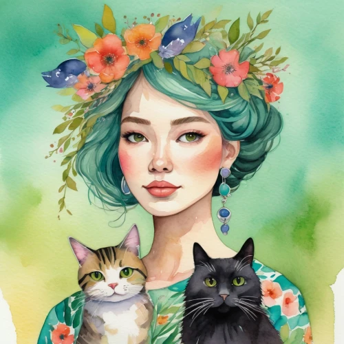 boho art,watercolor cat,fantasy portrait,flower cat,watercolor women accessory,cat lovers,watercolor pin up,flower and bird illustration,digital illustration,cat portrait,custom portrait,watercolor background,boho,girl in flowers,flower animal,flower crown,romantic portrait,flora,illustrator,almond blossoms,Conceptual Art,Graffiti Art,Graffiti Art 05