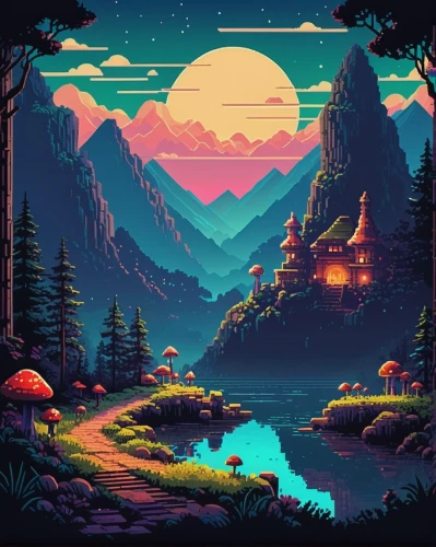 landscape background,mountain world,retro background,fantasy landscape,mountains,mushroom landscape,pixel art,mountain scene,3d fantasy,mountain landscape,dusk background,dusk,lagoon,valley,futuristic landscape,cartoon video game background,wilderness,hd wallpaper,evening lake,high mountains,Illustration,Retro,Retro 14