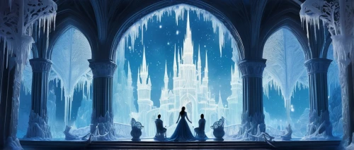 ice castle,hall of the fallen,ice hotel,the snow queen,eternal snow,castle of the corvin,frozen,the throne,underworld,portal,ice queen,fantasia,heroic fantasy,the threshold of the house,games of light,throne,pillars,threshold,cathedral,fantasy picture,Illustration,Black and White,Black and White 31