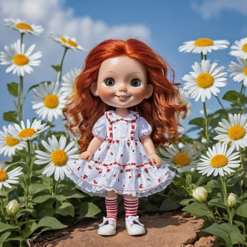redhead doll,girl in flowers,beautiful girl with flowers,female doll,little girl in wind,flower girl,pumuckl,doll dress,cute cartoon character,autumn daisy,daisy flowers,daisies,handmade doll,girl picking flowers,girl in the garden,raggedy ann,red-haired,meadow daisy,redheads,flower background