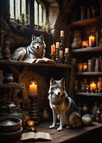 fantasy picture,huskies,candlemaker,wolf couple,two wolves,wolves,fantasy art,canidae,apothecary,foxes,fox stacked animals,the wolf pit,trinkets,woodland animals,werewolves,offerings,howl,dinner for two,fairy tale icons,whimsical animals,Photography,Black and white photography,Black and White Photography 01