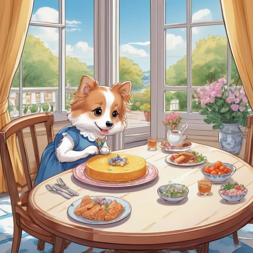 tea party cat,dining,corgi,afternoon tea,katsudon,spring pancake,corgis,high tea,teatime,romantic dinner,placemat,child fox,saganaki,tonkatsu,dinner for two,delicious meal,garden breakfast,tearoom,breakfast table,food table,Illustration,Japanese style,Japanese Style 01