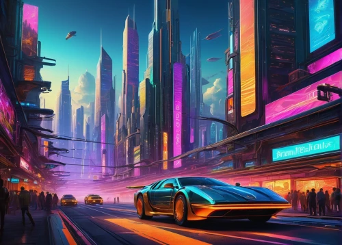 futuristic landscape,futuristic,futuristic car,cyberpunk,cityscape,colorful city,fantasy city,metropolis,sci - fi,sci-fi,dystopian,audi e-tron,scifi,dubai,sci fiction illustration,futuristic architecture,dystopia,city car,neon arrows,elektrocar,Conceptual Art,Sci-Fi,Sci-Fi 21