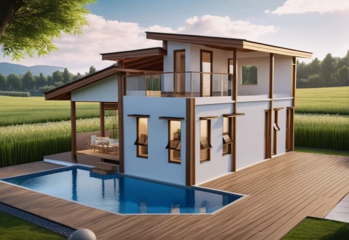 pool house,3d rendering,house with lake,wooden house,floating huts,modern house,summer house,wooden sauna,luxury property,inverted cottage,house by the water,holiday villa,smart home,danish house,chalet,summer cottage,render,eco-construction,luxury real estate,cubic house,Photography,General,Realistic