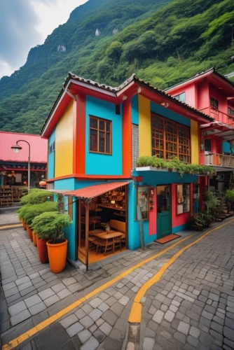 stilt houses,wooden houses,mountain huts,napali,cube stilt houses,the valley of flowers,stilt house,colorful city,hanging houses,alpine restaurant,mountain village,restaurants,huts,colorful facade,alpine village,watercolor shops,moorea,blocks of houses,popeye village,row of houses,Photography,General,Realistic