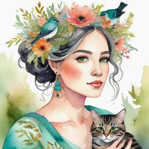 fantasy portrait,flower and bird illustration,boho art,digital illustration,flower cat,cat sparrow,romantic portrait,girl in a wreath,jane austen,almond blossoms,flora,spring crown,blossom kitten,floral wreath,digital painting,flower animal,eglantine,digital art,vector illustration,blooming wreath,Illustration,Realistic Fantasy,Realistic Fantasy 16