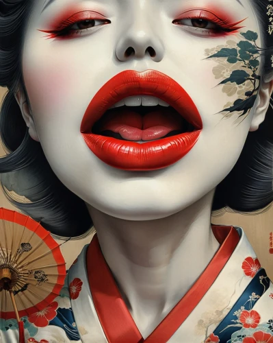 geisha girl,geisha,japanese art,oriental girl,japanese woman,red lips,oriental painting,japanese cherry,japanese floral background,red lipstick,oriental,cherry japanese,vintage makeup,japanese style,peking opera,oriental princess,painted lady,chinese art,lipstick,the japanese doll,Illustration,Realistic Fantasy,Realistic Fantasy 17