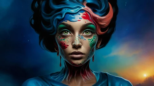 psychedelic art,bodypainting,head woman,body painting,bodypaint,world digital painting,surrealism,fantasy portrait,psychedelic,fantasy art,surrealistic,third eye,hallucinogenic,neon body painting,dryad,sci fiction illustration,woman thinking,woman face,human head,jester