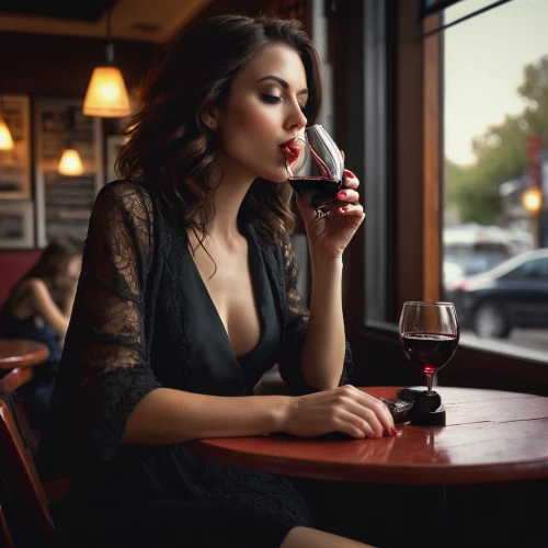 woman at cafe,woman drinking coffee,a glass of wine,glass of wine,red wine,female alcoholism,wine,wine bar,wine tavern,vintage woman,cocktail dress,retro woman,man in red dress,a bottle of wine,bottle of wine,femme fatale,sip,wine cocktail,woman sitting,apéritif,Conceptual Art,Oil color,Oil Color 11