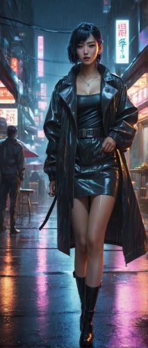 cyberpunk,neo-burlesque,rockabella,femme fatale,futuristic,catwoman,retro woman,hk,dystopian,streampunk,katana,shanghai,hong,kim,retro girl,b3d,geisha,walking in the rain,50s,3d crow,Conceptual Art,Fantasy,Fantasy 03