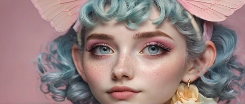 porcelain doll,fantasy portrait,porcelain dolls,vintage makeup,retouching,pastel colors,elf,doll's facial features,portrait background,soft pastel,porcelaine,cosmetic,cotton candy,retouch,curlers,vintage doll,violet head elf,pastels,pale,3d fantasy,Illustration,Realistic Fantasy,Realistic Fantasy 22