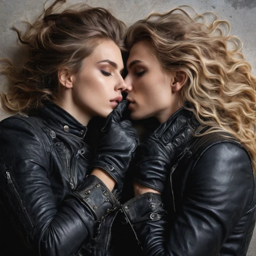 leather jacket,black leather,leather,photoshop manipulation,two girls,girl kiss,retouching,mirror image,photo manipulation,image manipulation,amorous,leather texture,conceptual photography,beautiful photo girls,kissing,young women,fusion photography,gemini,making out,romantic portrait,Photography,General,Natural