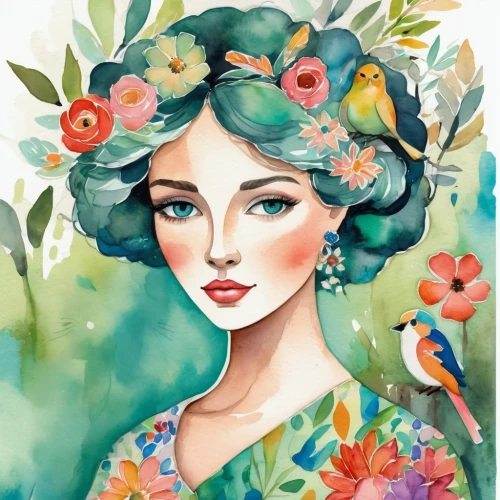 watercolor floral background,watercolor wreath,watercolor women accessory,flower painting,flora,watercolor pin up,girl in flowers,watercolor flowers,girl in a wreath,boho art,flower hat,floral wreath,spring crown,watercolor background,vintage floral,flower and bird illustration,flower crown,hydrangea,watercolor flower,floral background