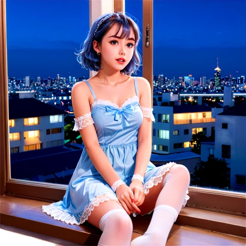 window sill,blue painting,painter doll,mari makinami,blue room,blue background,anime japanese clothing,light blue,color blue,japanese idol,world digital painting,blue color,artist doll,shirakami-sanchi,blue rain,clear night,blue light,blue and white,sonoda love live,blue checkered,Illustration,Japanese style,Japanese Style 03