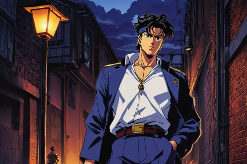 joseph,yukio,blue-collar worker,cravat,detective,anime japanese clothing,swordsman,sakana,bellboy,stylish boy,male character,white-collar worker,man's fashion,gangstar,ganai,game arc,blind alley,dusk background,clamp,main character,Illustration,Vector,Vector 15