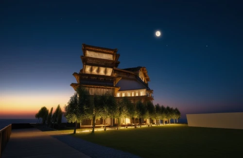 observation tower,lifeguard tower,stone pagoda,3d rendering,lookout tower,summit castle,pagoda,asian architecture,chinese architecture,dhammakaya pagoda,renaissance tower,japanese architecture,house silhouette,3d render,illuminated lantern,watchtower,control tower,landscape lighting,murano lighthouse,egyptian temple,Photography,General,Realistic