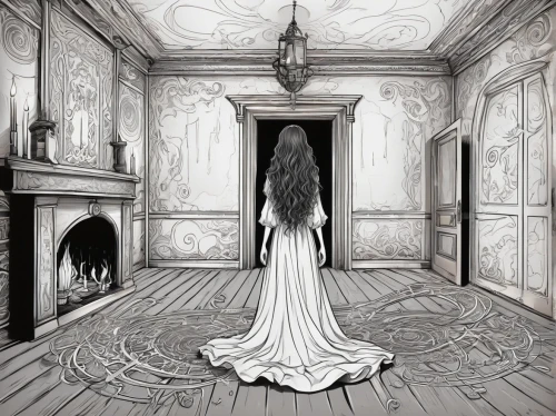 witch house,the threshold of the house,ghost girl,ghost castle,witch's house,the haunted house,doll's house,dark art,the ghost,abandoned room,creepy doorway,book illustration,haunting,haunted house,asylum,haunted,empty room,apparition,the little girl's room,dead bride,Illustration,Black and White,Black and White 05