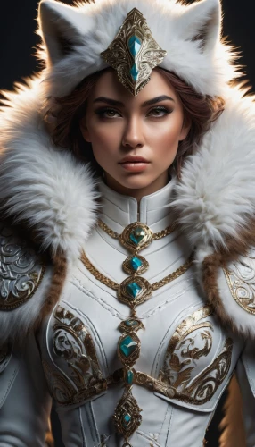 white fur hat,suit of the snow maiden,cat warrior,siberian,female warrior,warrior woman,the snow queen,huntress,fantasy portrait,fur clothing,white cat,ice queen,samara,feline,feline look,kitsune,imperial coat,fur,persian,kat,Conceptual Art,Fantasy,Fantasy 16