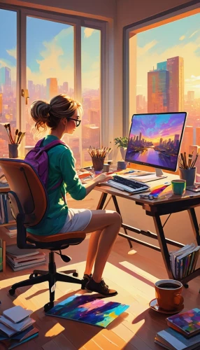 girl studying,girl at the computer,study room,world digital painting,study,workspace,working space,desk,home office,summer evening,sci fiction illustration,work at home,work from home,illustrator,digital nomads,classroom,freelancer,desk top,work space,kids illustration,Illustration,Japanese style,Japanese Style 13