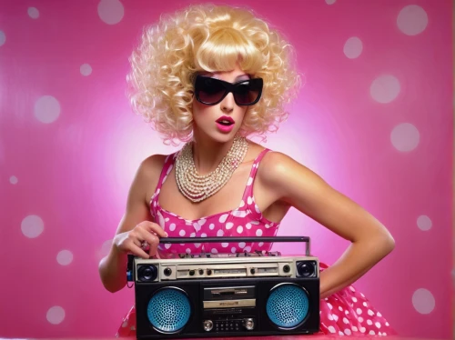 boombox,retro women,retro girl,retro woman,retro eighties,ghetto blaster,boom box,rockabella,girl-in-pop-art,pop art girl,musicassette,pink lady,disc jockey,pin-up model,pinkladies,pin-up girl,eighties,audio cassette,retro music,microcassette,Illustration,Realistic Fantasy,Realistic Fantasy 32