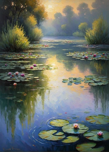 water lilies,lily pond,white water lilies,lily pads,lilly pond,lotus on pond,evening lake,oil painting on canvas,lotuses,river landscape,lotus pond,nymphaea,oil painting,wetlands,pink water lilies,water lotus,waterlily,lilies of the valley,pond flower,wetland,Conceptual Art,Fantasy,Fantasy 18