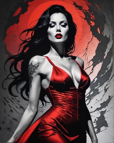 scarlet witch,vampira,lady in red,vampire woman,man in red dress,vampire lady,femme fatale,red,red super hero,dita,queen of hearts,red lantern,red paint,crimson,fire red,tura satana,red background,evil woman,rouge,silk red,Illustration,Realistic Fantasy,Realistic Fantasy 45