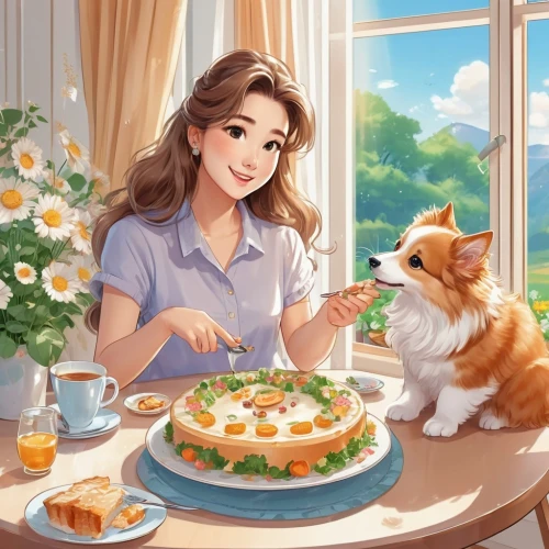cat's cafe,woman holding pie,tea party cat,domestic long-haired cat,cat mom,girl with cereal bowl,cat drinking tea,romantic portrait,afternoon tea,game illustration,food and cooking,placemat,menemen,sweet dish,spring pancake,cat vector,marmalade,springtime background,delicious food,bun cha,Illustration,Japanese style,Japanese Style 01