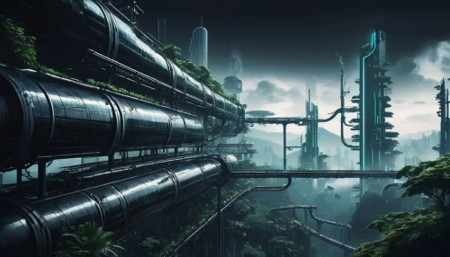 futuristic landscape,industrial landscape,scifi,terraforming,sci-fi,sci - fi,sci fi,futuristic architecture,environment,fractal environment,alien world,refinery,industrial ruin,biome,futuristic,industrial area,virtual landscape,metropolis,alien planet,ancient city,Illustration,Black and White,Black and White 33