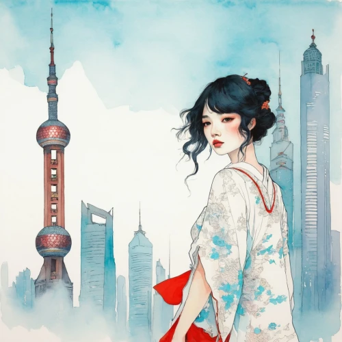 oriental girl,chinese art,oriental princess,geisha girl,oriental,oriental painting,geisha,shanghai,teal blue asia,asia,chinese style,china southern airlines,janome chow,kowloon,rou jia mo,asia girl,tong sui,asian woman,taipei,cantonese,Illustration,Paper based,Paper Based 19