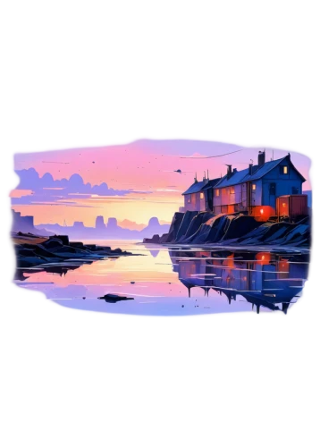 nubble,house by the water,fisherman's house,coast sunset,tofino,cottage,summer cottage,fisherman's hut,house silhouette,house with lake,kennebunkport,boathouse,newfoundland,houses silhouette,maine,beach hut,digital painting,fishing village,floating huts,ushuaia,Conceptual Art,Sci-Fi,Sci-Fi 01