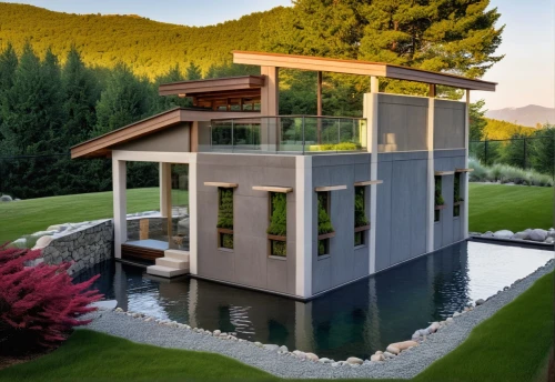 house with lake,pool house,modern house,3d rendering,house by the water,cube stilt houses,cubic house,cube house,house in the mountains,grass roof,inverted cottage,mid century house,house in mountains,dunes house,summer house,eco-construction,modern architecture,render,luxury property,beautiful home,Photography,General,Realistic