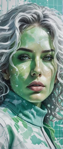 detail shot,sci fiction illustration,green skin,painting technique,painting work,dahlia white-green,green mermaid scale,android inspired,meticulous painting,digital painting,medusa,gray-green,green started,coloring outline,green aurora,world digital painting,illustrator,process,green water,green bubbles,Conceptual Art,Sci-Fi,Sci-Fi 25
