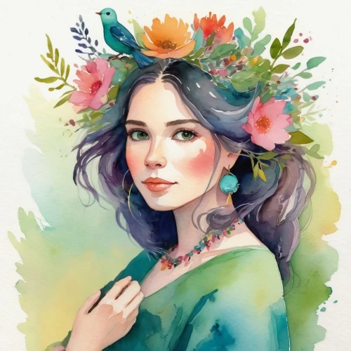 watercolor wreath,watercolor floral background,girl in flowers,boho art,flower crown,girl in a wreath,floral wreath,watercolor women accessory,flora,beautiful girl with flowers,fantasy portrait,blooming wreath,watercolor flowers,flower painting,watercolor pencils,colorful floral,watercolor,wreath of flowers,watercolor background,flower and bird illustration