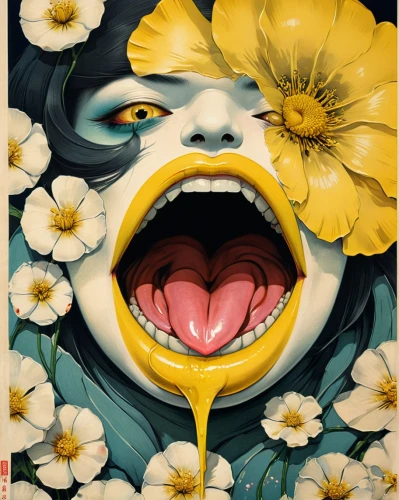 pollinate,flower nectar,total pollen,pollen panties,pollen,mouth,flower painting,narcissus,dali,woman eating apple,gnaw,meticulous painting,flower wall en,sunflower coloring,big mouth,bite,deviled egg,yolk flower,pollination,retouching,Illustration,Realistic Fantasy,Realistic Fantasy 17