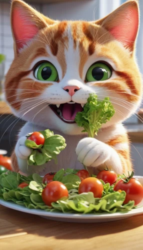 eat,salad garnish,ratatouille,crudités,salad,cat food,basil,cat image,saladitos,funny cat,cilantro,green salad,arugula,cute cat,cartoon cat,chef,grape catnip,insalata caprese,veggie,tomato,Unique,3D,3D Character