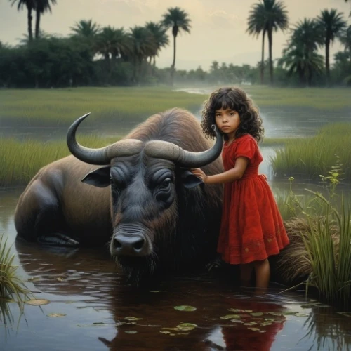 water buffalo,african buffalo,buffalo herder,buffaloes,oil painting on canvas,nomadic children,cape buffalo,buffalo,girl elephant,oxen,oil painting,ruminant,the black sheep,black sheep,buffalos,girl child,tribal bull,innocence,indonesia,child portrait