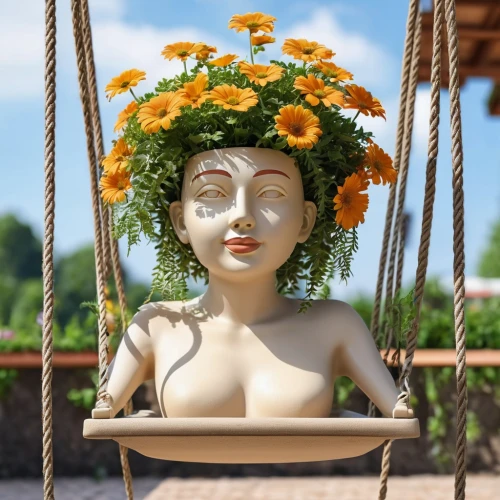 terracotta flower pot,wooden flower pot,girl in a wreath,flowerpot,flower pot,flower hat,garden decor,garden decoration,summer crown,flower basket,flower crown,blooming wreath,garden pot,garden ornament,flower decoration,flora,spring crown,flower garland,pot marigold,headpiece