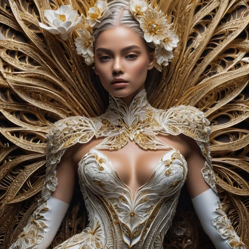 baroque angel,golden wreath,asian costume,bridal dress,suit of the snow maiden,fantasy woman,bridal,bridal clothing,gold filigree,embellished,baroque,bodypaint,filigree,masquerade,the enchantress,the carnival of venice,ivory,bodice,fairy queen,white silk,Photography,Fashion Photography,Fashion Photography 06