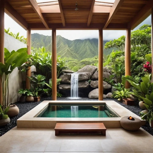 tropical house,hawaii bamboo,kauai,hawaii,zen garden,cabana,pool house,luxury bathroom,oahu,napali,japanese zen garden,hot tub,tropical jungle,tropical greens,tropics,maui,hot spring,bamboo curtain,japanese-style room,green waterfall,Photography,General,Realistic