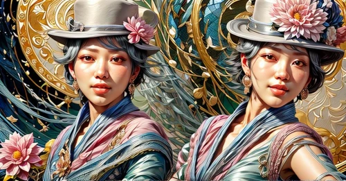 chinese art,oriental painting,japanese art,peking opera,glass painting,taiwanese opera,geisha girl,yi sun sin,two girls,geisha,asian conical hat,japanese floral background,mirror image,twin flowers,meticulous painting,chinese screen,flower painting,art painting,chinese style,joint dolls