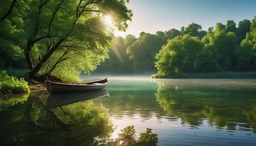 boat landscape,green trees with water,tranquility,calm water,green landscape,river landscape,beautiful lake,the danube delta,canoeing,calm waters,backwaters,fishing float,danube delta,row boat,green water,wooden boat,old wooden boat at sunrise,green forest,canoe,nature landscape,Photography,General,Realistic