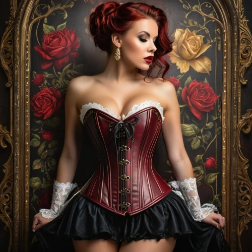 corset,queen of hearts,victorian lady,redhead doll,valentine pin up,bodice,gothic portrait,valentine day's pin up,victorian style,porcelain rose,red rose,gothic fashion,red breast,gothic woman,hourglass,burlesque,red-haired,pin ups,red roses,lady in red,Photography,General,Fantasy