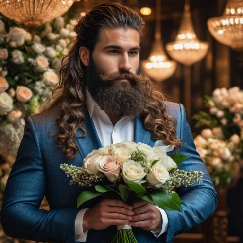 the groom,bridegroom,groom,silver wedding,groom bride,beard flower,wedding suit,florist gayfeather,male elf,grooms,golden weddings,formal guy,wedding photo,with a bouquet of flowers,holding flowers,valentin,with roses,male model,wedding flowers,boutonniere,Photography,General,Fantasy