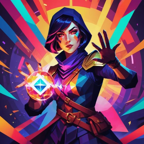 transistor,mage,game illustration,twitch icon,nova,hex,colorful foil background,summoner,triangles background,raven rook,cg artwork,dodge warlock,magic cube,vector art,vector illustration,game art,fortune teller,witch's hat icon,prism,vector girl,Illustration,Vector,Vector 17