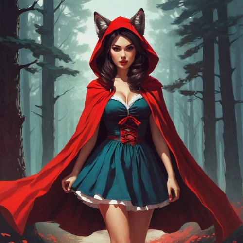 red riding hood,little red riding hood,scarlet witch,red coat,red cape,red tunic,lady in red,man in red dress,queen of hearts,vampire woman,huntress,fairy tale character,red wolf,fantasy woman,sorceress,the enchantress,vampire lady,fantasy picture,kitsune,red skirt,Conceptual Art,Fantasy,Fantasy 32