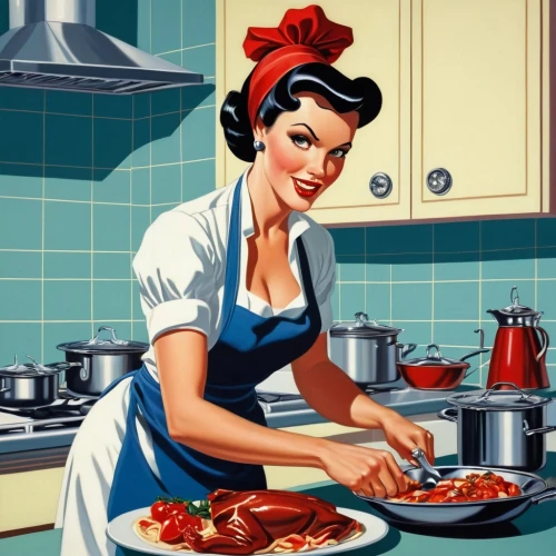 housewife,retro 1950's clip art,girl in the kitchen,homemaker,woman holding pie,domestic,domestic life,food and cooking,vintage kitchen,food preparation,cookware and bakeware,red cooking,retro women,cuisine classique,housework,cookery,cooking book cover,vintage 1950s,vintage illustration,happy day of the woman,Illustration,American Style,American Style 05
