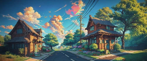 studio ghibli,wooden houses,aurora village,neighborhood,3d fantasy,world digital painting,hanging houses,little house,home landscape,cartoon forest,lonely house,road,the road,summer cottage,countryside,roadside,treehouse,summer evening,dream world,fantasy world